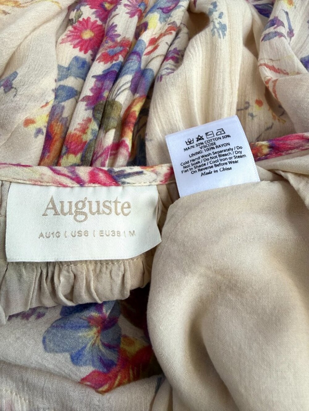 Auguste Maxi Dress Cotton Blend Floral Cottagecore Romantic Beige Multi (M) - Picture 9 of 10
